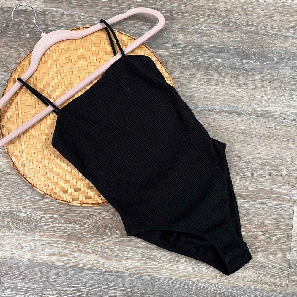 Topshop black ribbed square neck bodysuit‎